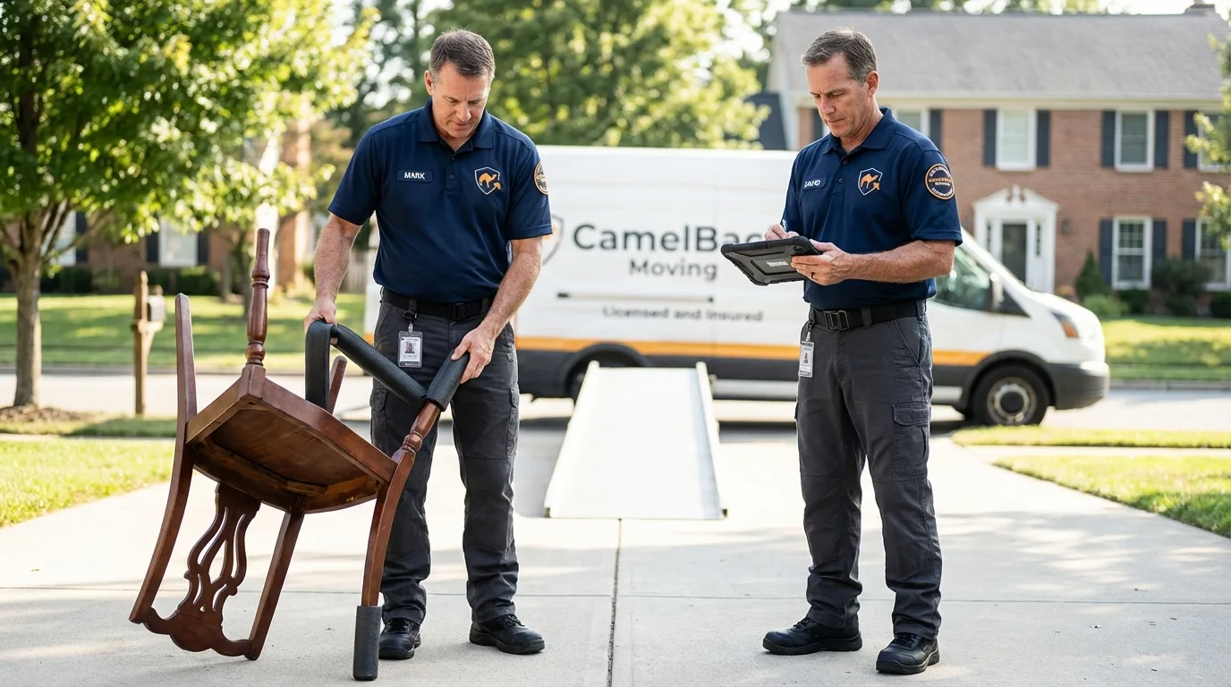 Movers inspecting furniture for damage prevention before loading in Newmanstown, PA