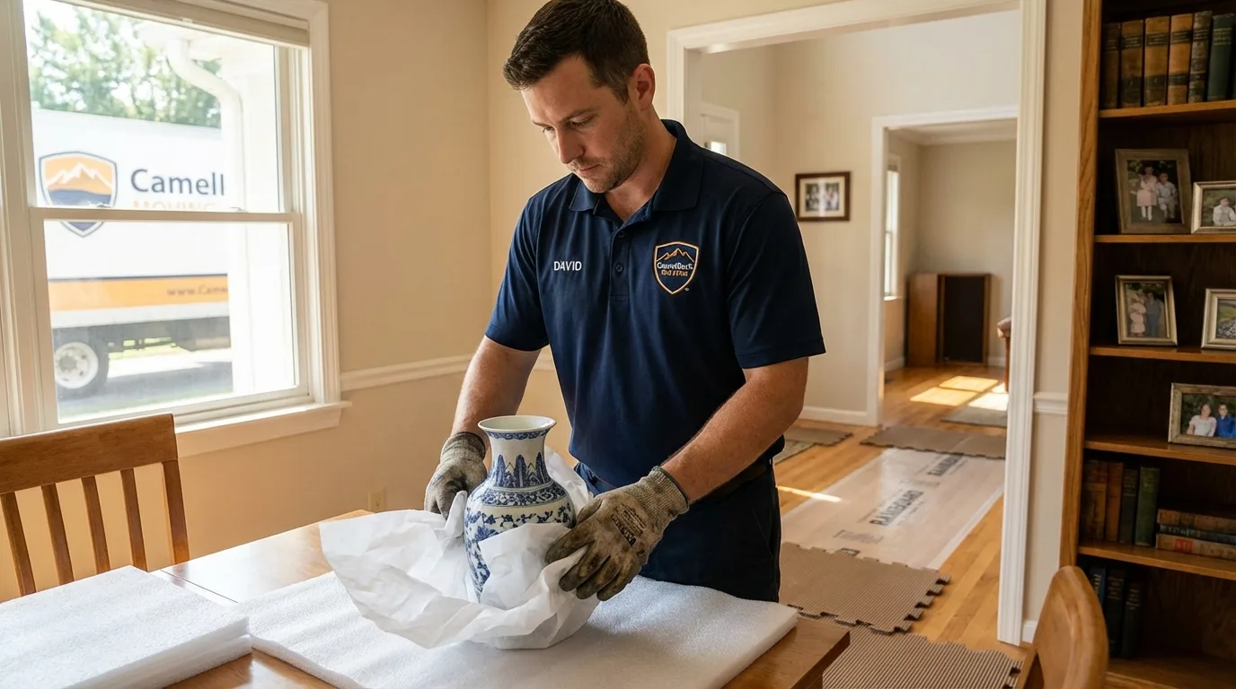 Professional crew carefully wrapping antique vase for senior downsizing move in Newmanstown, PA